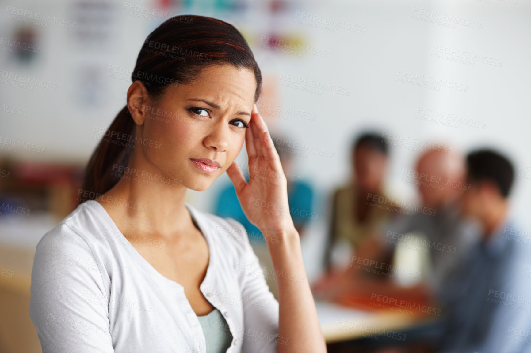 Buy stock photo Woman, headache and portrait at startup, meeting and pain with massage for temple at modern office. Person, employee and frustrated with migraine, burnout and fatigue in workplace at creative agency