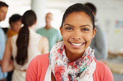 Buy stock photo Creative, coworking and portrait of woman with smile, pride or collaboration meeting at startup office. Workshop, seminar and happy designer with professional confidence in teamwork at digital agency