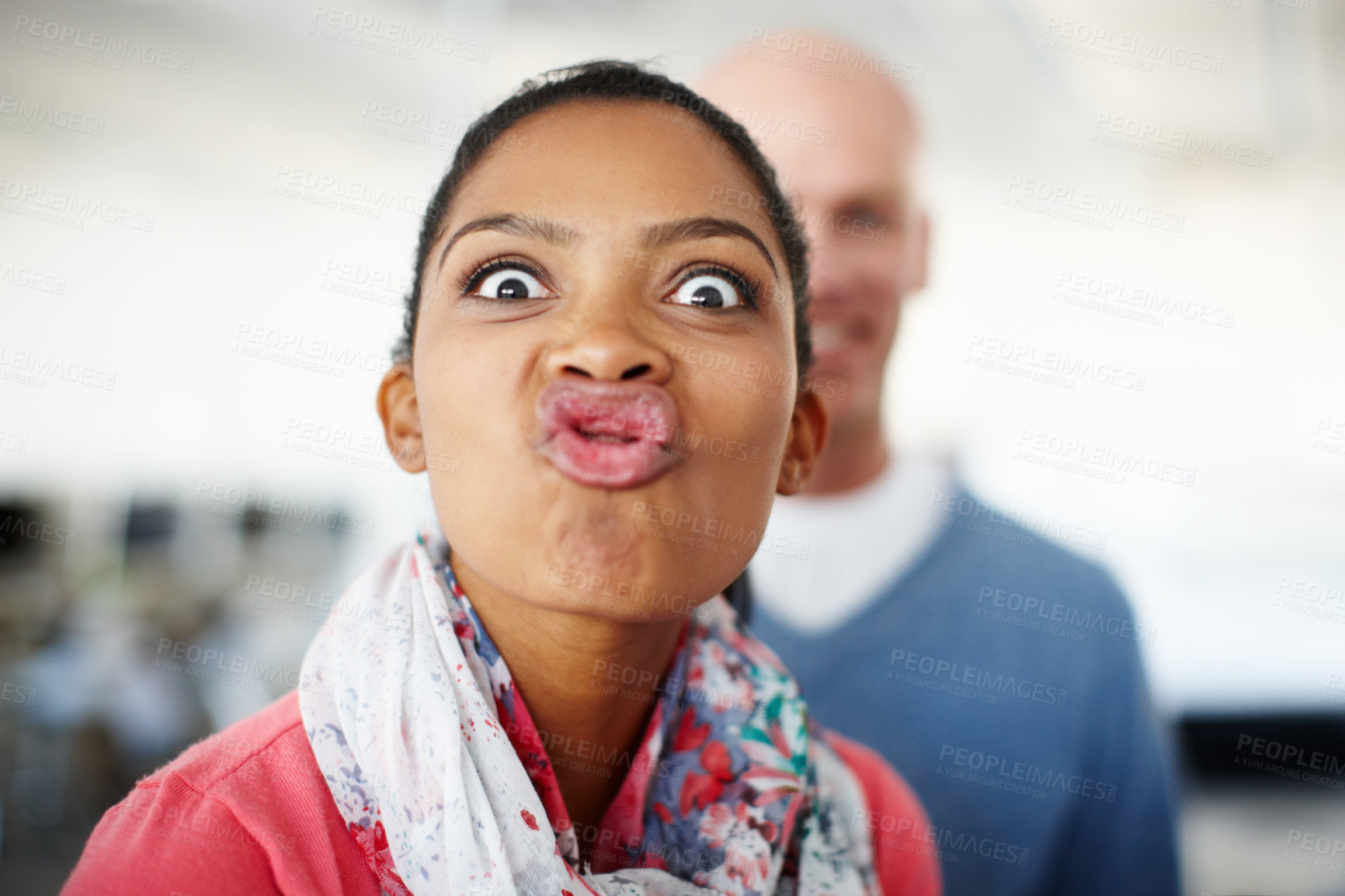 Buy stock photo Woman, face and funny lips for portrait, comic motivation and crazy or creative happiness in office. Black woman, facial comedy creativity and employee mouth for happy woman or fun staff meme 