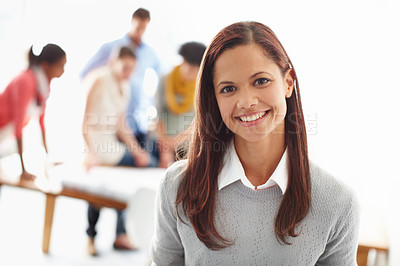 Buy stock photo Leadership, portrait and startup business woman, manager or boss solution, innovation and success in workplace brainstorming meeting. Happy, our vision and professional worker in office management