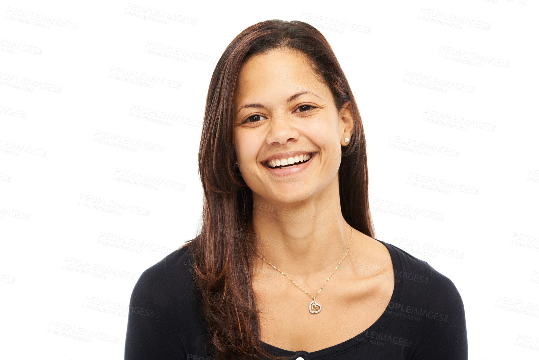 Buy stock photo Happy, confident and portrait of woman in studio with satisfaction, positivity and joyful. Smile, cheerful and female person from Colombia with good mood and pride isolated by white background.