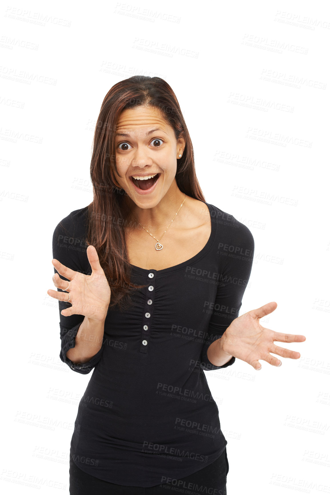 Buy stock photo Happy woman, portrait and surprise with expression for notification, deal or offer on a white studio background. Young, female person or model with smile in shock for promotion, winning or good news