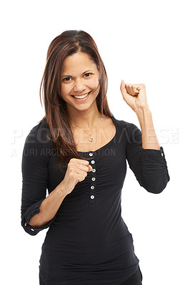 Buy stock photo Fist pump, portrait and happy woman celebrate winning lottery prize, success and victory. Face, yes and person cheers for bonus, promotion or excited for good news isolated on white studio background