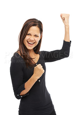 Buy stock photo Woman, studio and happy with fist pump for victory on winning, success and achievement on white background. Female person, portrait and excited or smile with accomplishment or completing challenge