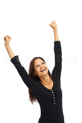 Buy stock photo Woman, studio and smile with fist pump for victory on winning, success and achievement on white background. Female person, excited and happy with accomplishment, bonus and complete competition