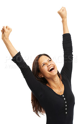 Buy stock photo Woman, studio and happy with fist pump for achievement with winning, success and victory on white background. Female person, excited and smile with accomplishment, bonus and good news on competition