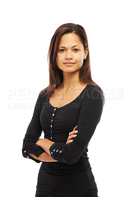 Buy stock photo Portrait, arms crossed and business woman in studio isolated on white background. Face, creative and confident entrepreneur, professional or ghostwriter with career pride or opportunity in Argentina