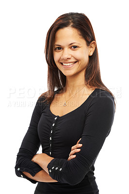 Buy stock photo Portrait, smile and confident business woman in studio isolated on white background. Face, arms crossed and happy creative entrepreneur, expert and social media marketer with career pride in Mexico