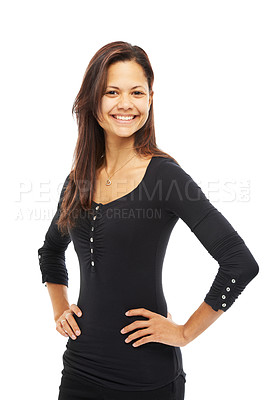 Buy stock photo Portrait, confident and happy business woman in studio isolated on white background. Face, smile and creative entrepreneur, expert or social media marketer with job opportunity or integrity in Mexico