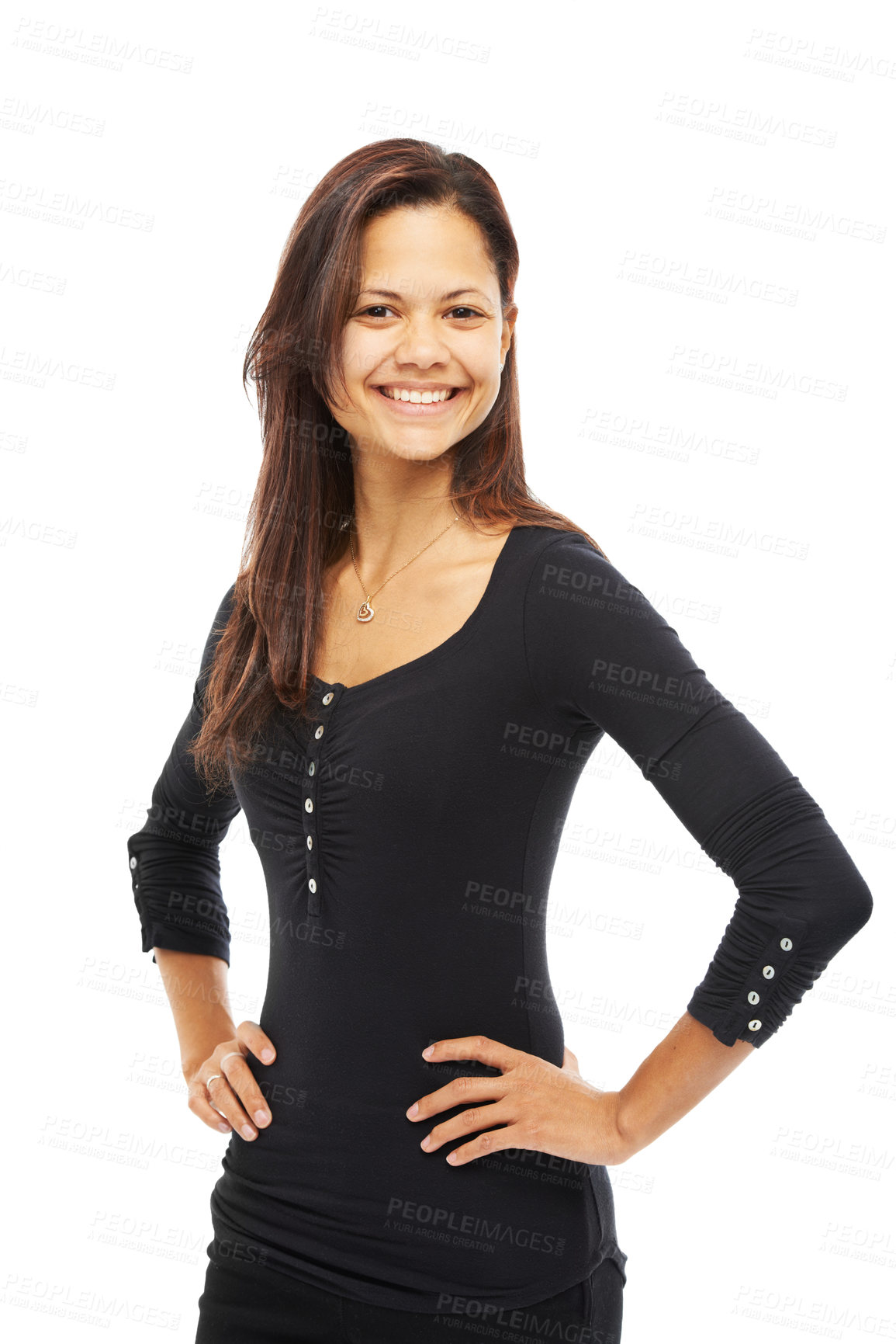 Buy stock photo Portrait, confident and happy business woman in studio isolated on white background. Face, smile and creative entrepreneur, expert or social media marketer with job opportunity or integrity in Mexico