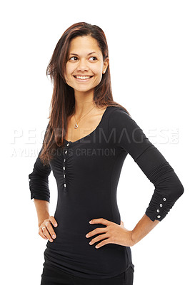 Buy stock photo Studio, thinking and woman with smile for business, opportunity and thoughts for career in creative agency. Female person, happy and pride with ideas for internship, inspiration and white background