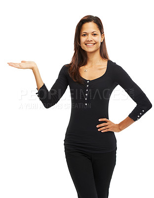 Buy stock photo Portrait, woman and hand gesture for introducing in studio with promotion choice, opportunity news and questions. Smile, person and pride for presentation, sign up and opinion on white background