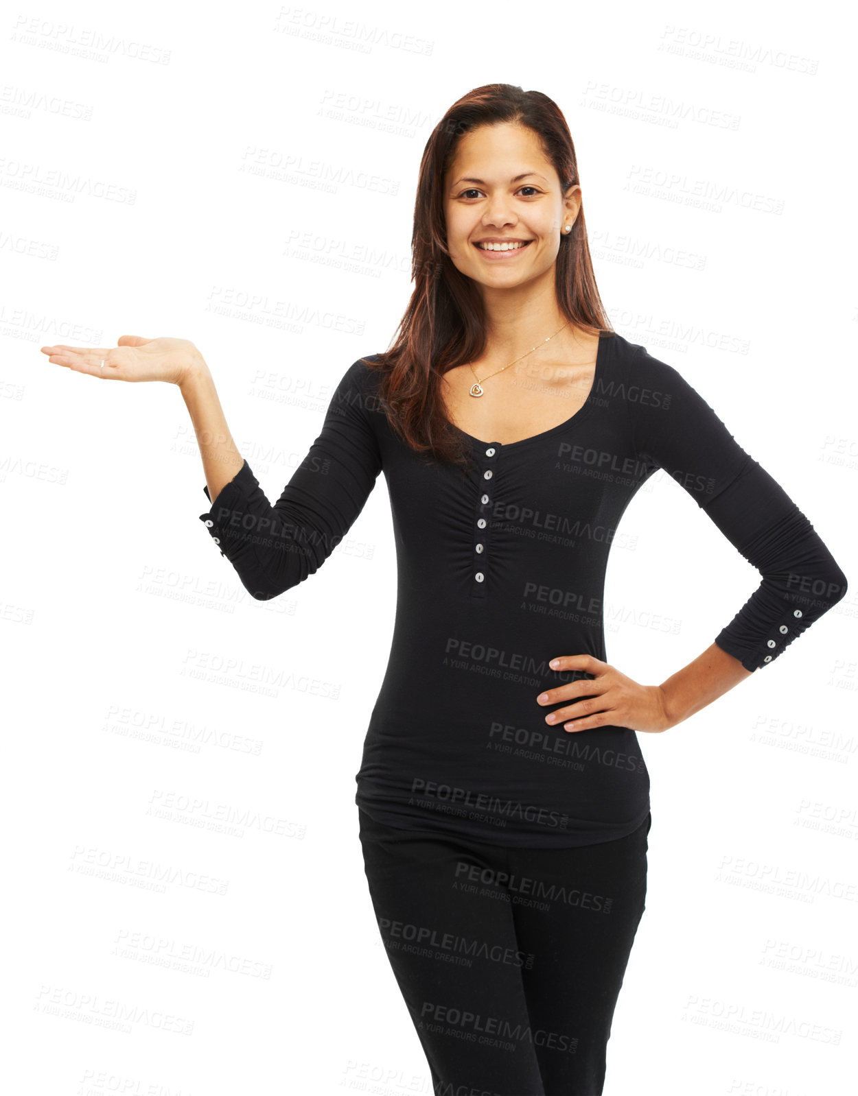 Buy stock photo Portrait, woman and hand gesture for introducing in studio with promotion choice, opportunity news and questions. Smile, person and pride for presentation, sign up and opinion on white background