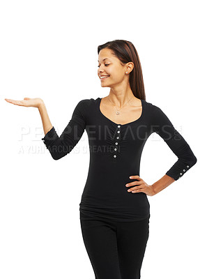 Buy stock photo Startup, woman and happy in studio with choice, opinion and offer for investment. Entrepreneur, gesture and advice on white background for small business funding with space for product placement