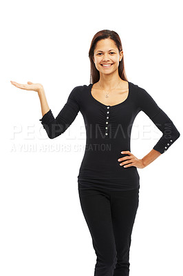 Buy stock photo Studio, portrait and businesswoman with hand for product placement, promotion and offer for sales. Mockup space, female person and pride with gesture for announcement, advertising or white background