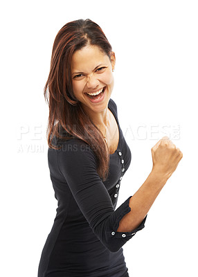 Buy stock photo Woman, studio and excited with fist pump for winning with achievement, success and victory on white background. Female person, portrait and happy for accomplishment, bonus or good news on competition