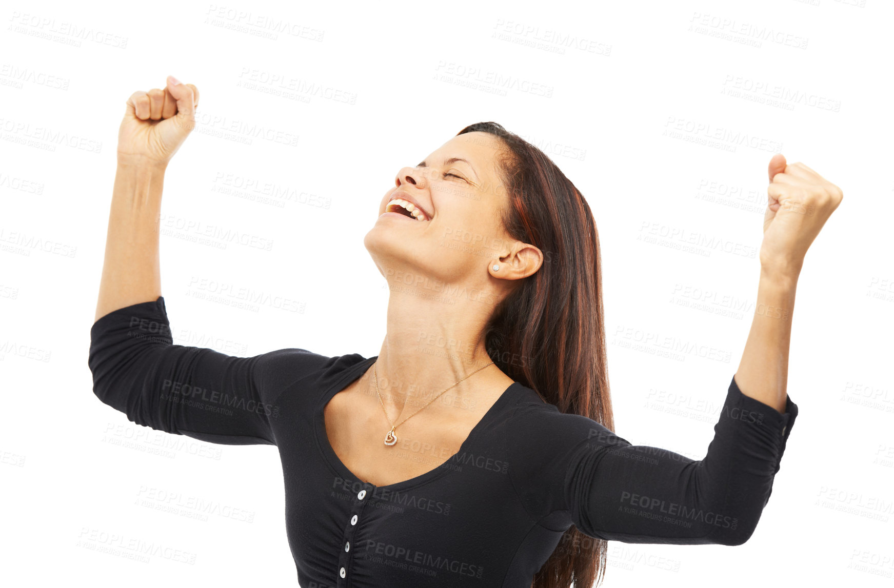 Buy stock photo Fist pump, goal and happy woman celebrate success, winning lottery and victory. Achievement, yes and person cheers for bonus, promotion or excited for good news isolated on white studio background