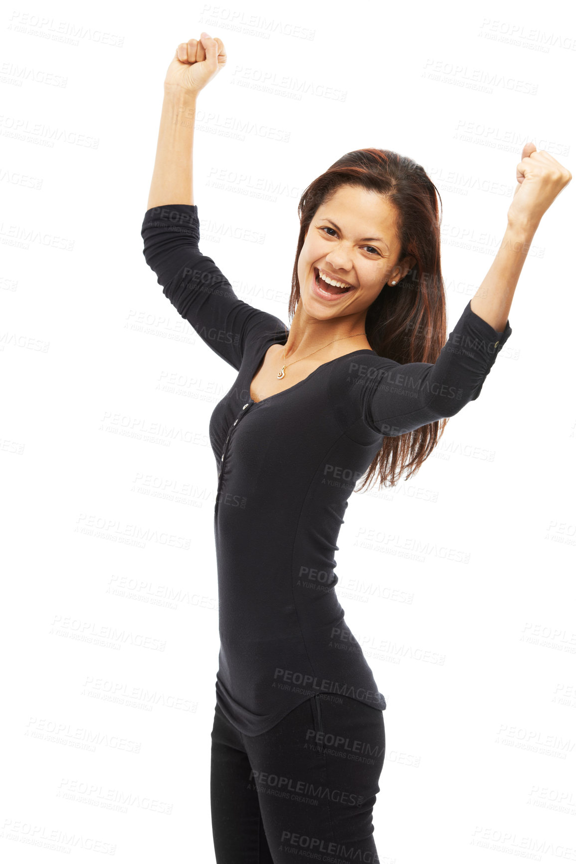 Buy stock photo Woman, studio and happy with fist pump for winning with achievement, success and victory on white background. Female person, portrait and excited for accomplishment, bonus or good news on competition