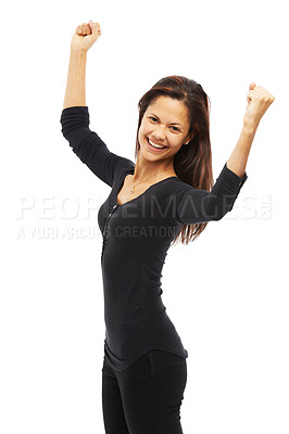 Buy stock photo Woman, studio and smile with fist pump for winning with achievement, success and victory on white background. Female person, portrait and excited for accomplishment, bonus or good news on competition