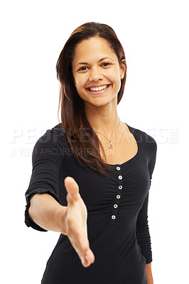 Buy stock photo Happy woman, portrait and greeting with handshake for introduction or welcome in studio on a white background. Young, female person or brunette model with smile or shaking hands for friendly gesture