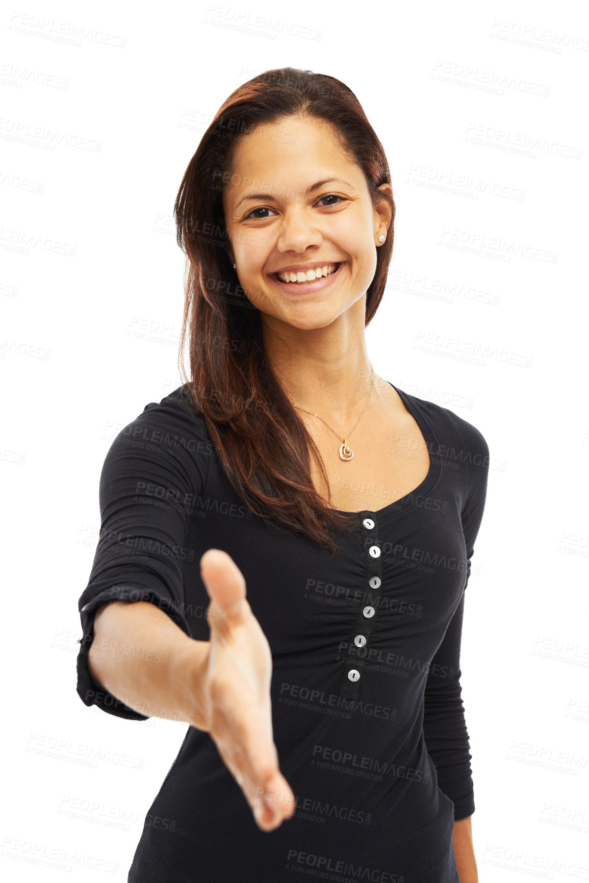 Buy stock photo Happy woman, portrait and greeting with handshake for introduction or welcome in studio on a white background. Young, female person or brunette model with smile or shaking hands for friendly gesture