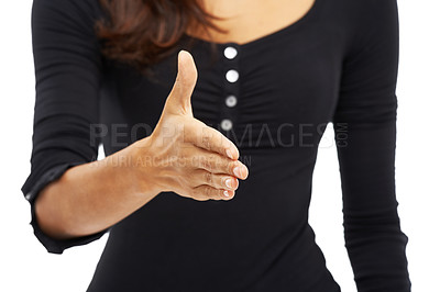 Buy stock photo Woman, studio and hand with greeting for partnership, deal and agreement on white background. Female person, employee and retail store manager with welcome and thank you for service on closeup