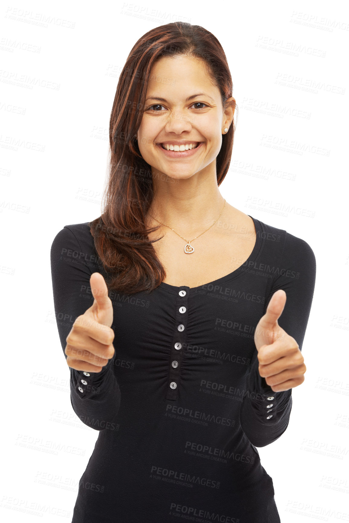 Buy stock photo Woman, thumbs up and smile in studio portrait with happiness, confidence or success on white background. Girl, model and student with yes, hand gesture or agreement for winning, goal or achievement