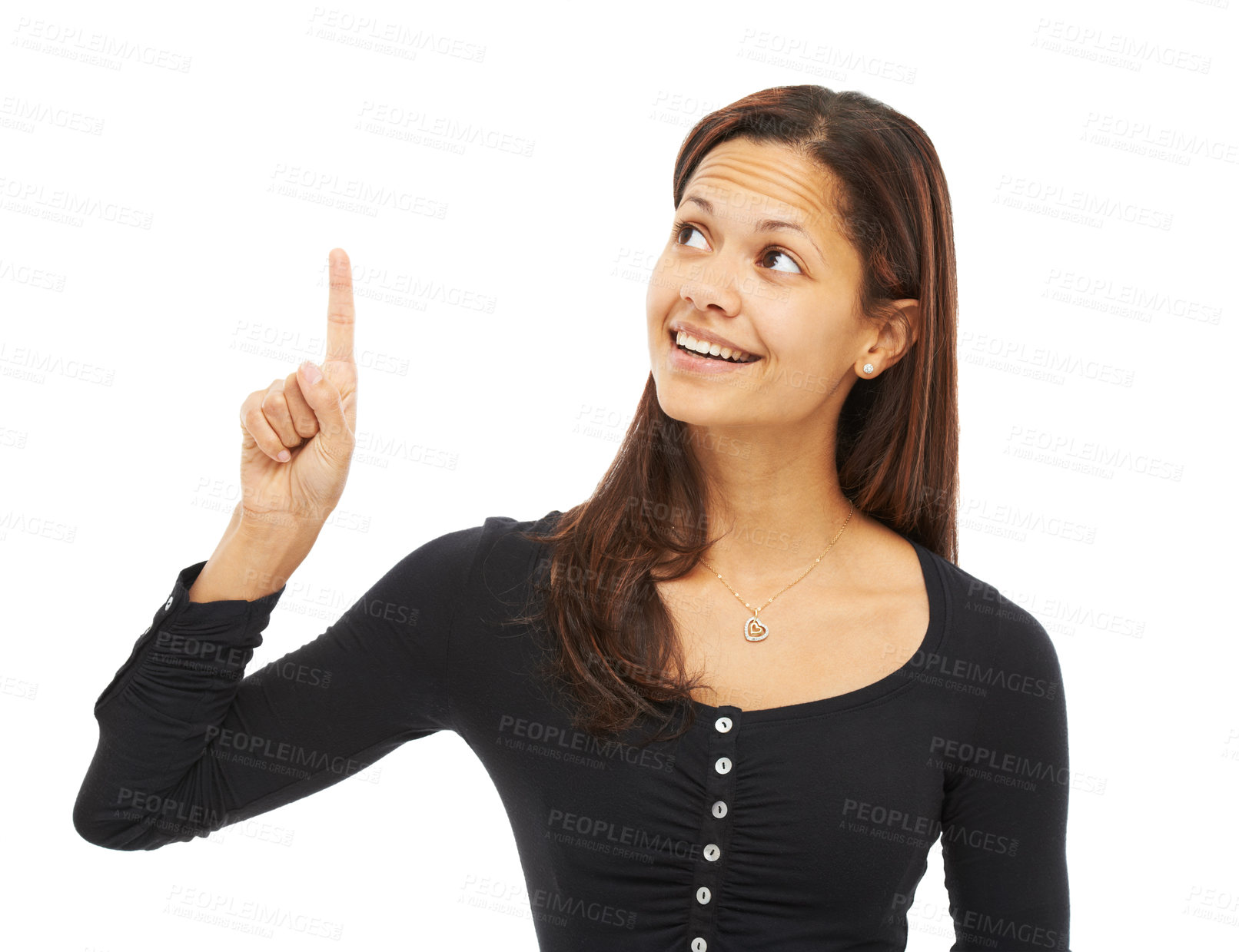 Buy stock photo Smile, woman and pointing of direction in studio for presentation news, advertising and announcement. Happy, female person and hand gesture for giveaway information, opportunity and white background