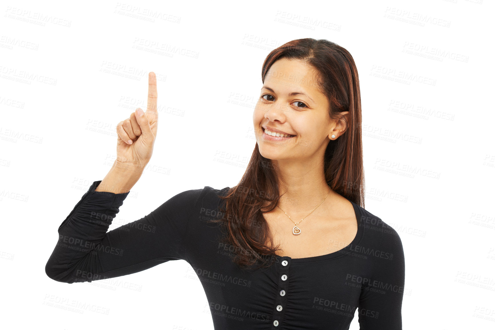 Buy stock photo Portrait, woman and pointing of direction in studio for presentation news, advertising and announcement. Smile, person and hand gesture of giveaway information, opportunity offer and white background