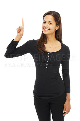 Buy stock photo Smile, woman and pointing of portrait in studio for presentation news, advertising and announcement. Happy, person and hand gesture of giveaway information, opportunity direction and white background