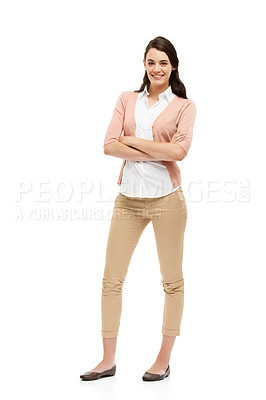 Buy stock photo Woman, fashion and happy in studio with arms crossed in confidence on isolated white background. Female employee, portrait and smile as office assistant with pride on career growth or job opportunity