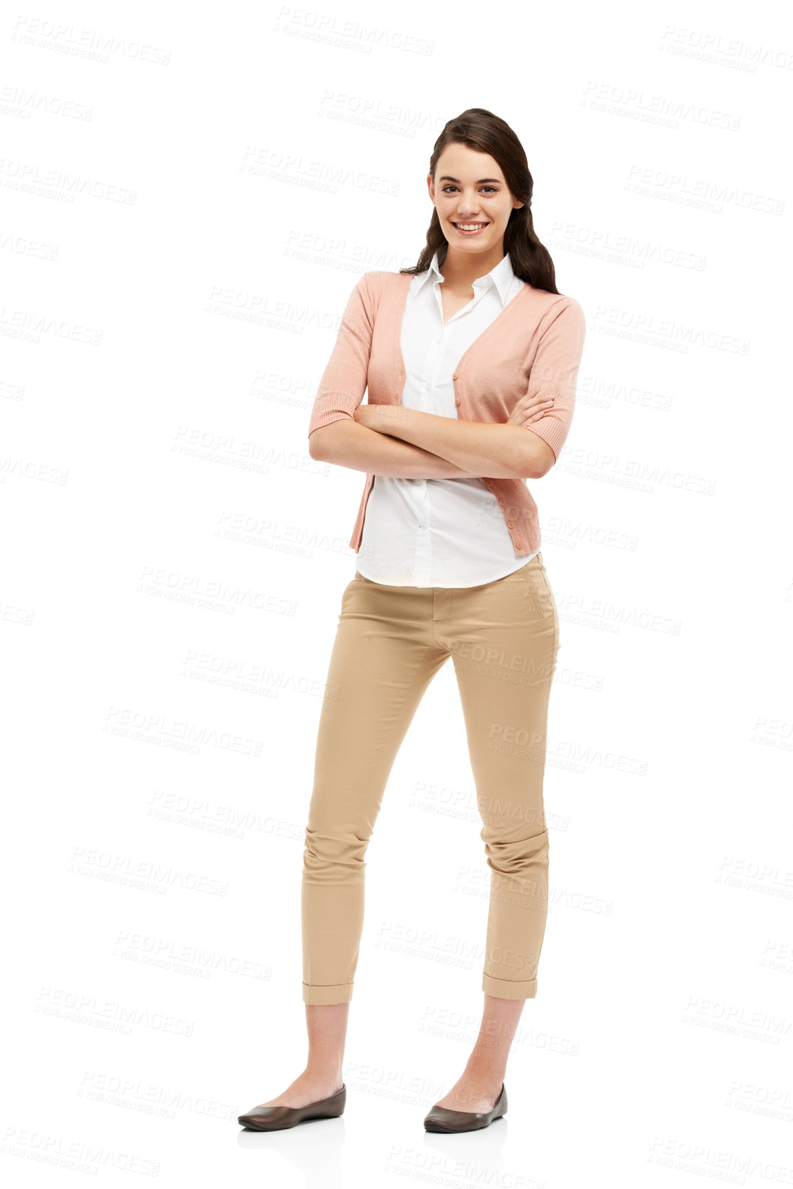 Buy stock photo Woman, fashion and happy in studio with arms crossed in confidence on isolated white background. Female employee, portrait and smile as office assistant with pride on career growth or job opportunity