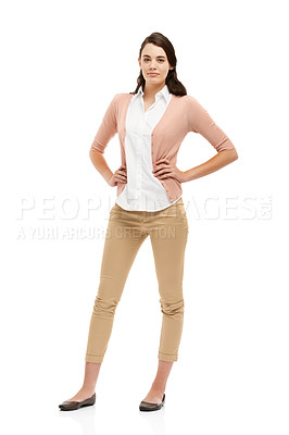 Buy stock photo Woman, fashion and confident in studio on portrait on isolated white background in France. Female person, employee and assertive as office assistant with pride on career growth or job opportunity