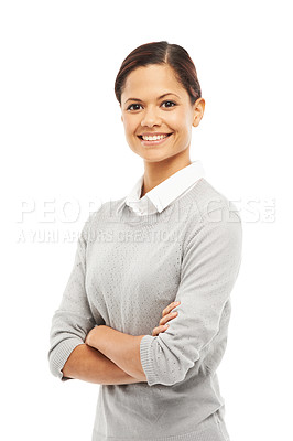 Buy stock photo Portrait, smile and business woman with arms crossed in studio isolated on white background. Face, pride and creative entrepreneur, professional and confident publicist with job opportunity in Brazil