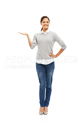 Buy stock photo Portrait, woman and option with hand gesture in studio for promotion choice, opportunity news and questions. Smile, female person and pride of presentation, sign up and opinion on white background