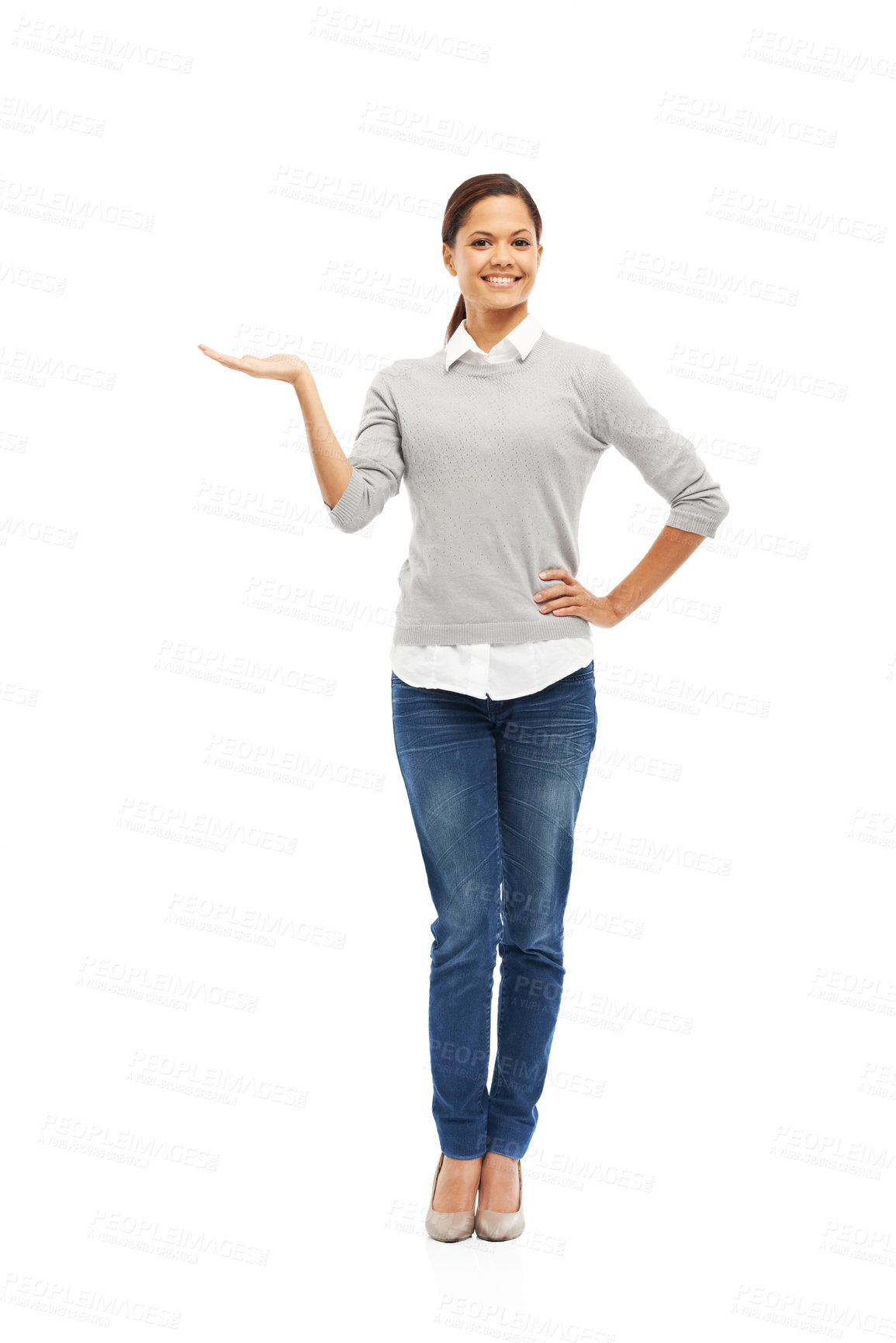 Buy stock photo Portrait, woman and option with hand gesture in studio for promotion choice, opportunity news and questions. Smile, female person and pride of presentation, sign up and opinion on white background