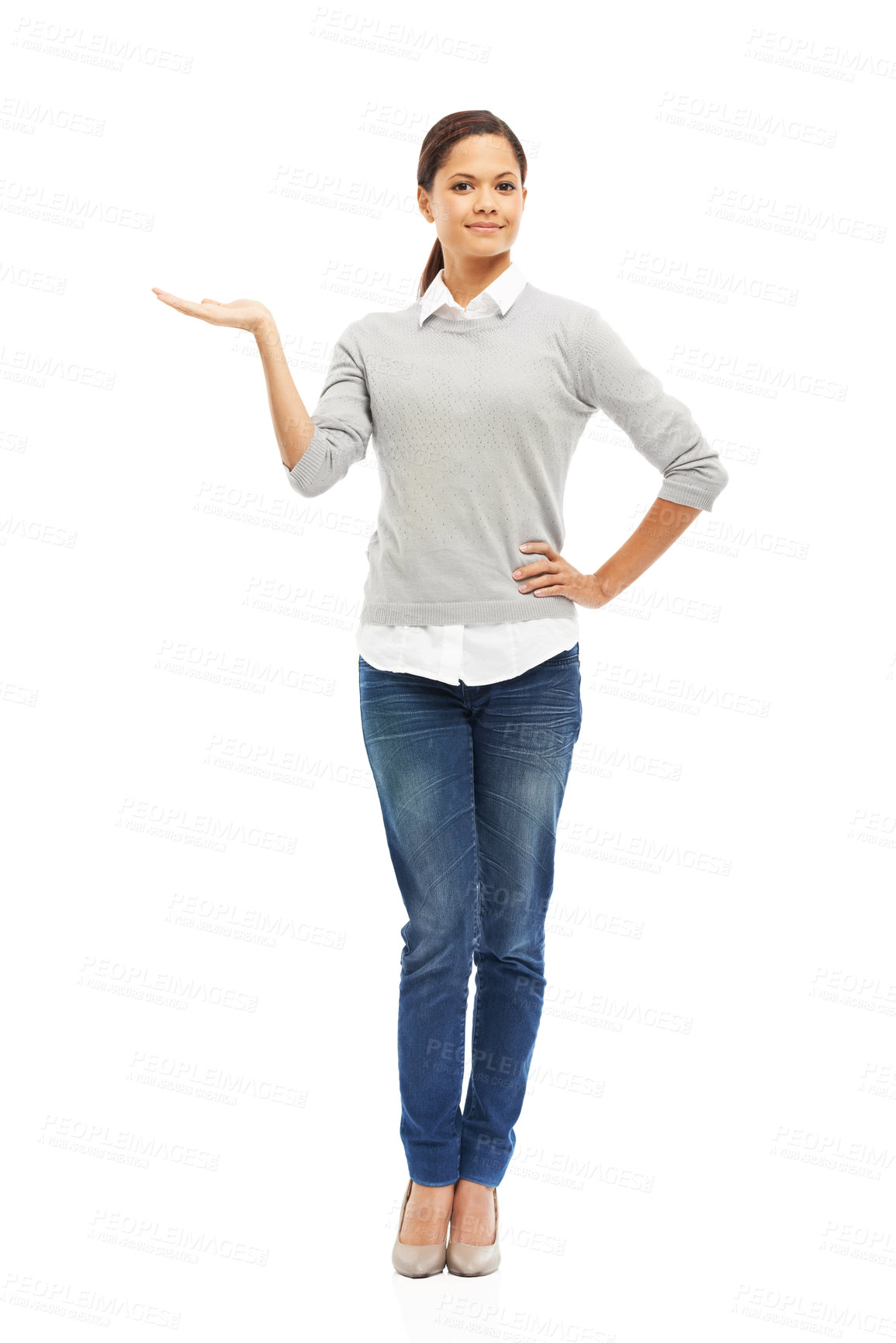 Buy stock photo Portrait, woman and hand gesture for choice in studio with promotion decision, opportunity news and questions. Confident, female person and presentation vote, sign up and opinion on white background