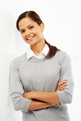 Buy stock photo Portrait, smile and business woman with arms crossed in studio isolated on white background wall. Face, happy and creative entrepreneur or confident magazine editor with pride for career in Argentina