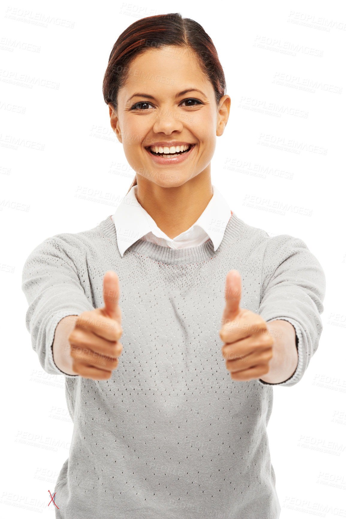 Buy stock photo Woman, thumbs up and goal in portrait with happiness, confidence or success on white studio background. Girl, model and student for smile, hand gesture or agreement for winning, praise or achievement