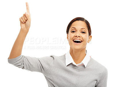 Buy stock photo Woman, portrait and pointing with smile in studio of presentation news, advertising and announcement. Happy, person or hand gesture of giveaway information, opportunity direction and white background