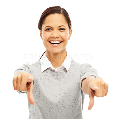 Buy stock photo Woman, pointing and portrait for decision in studio of recruitment, job offer and announcement success. Smile, person and hand gesture of hiring welcome, promotion opportunity and white background