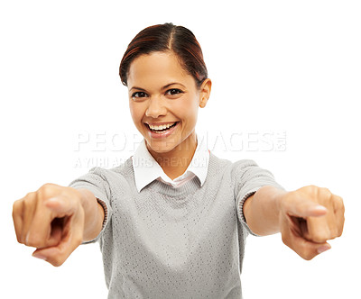 Buy stock photo Choice, portrait and woman for pointing in studio of recruitment, job offer and announcement success. Smile, person and hand gesture of hiring welcome, promotion opportunity and white background