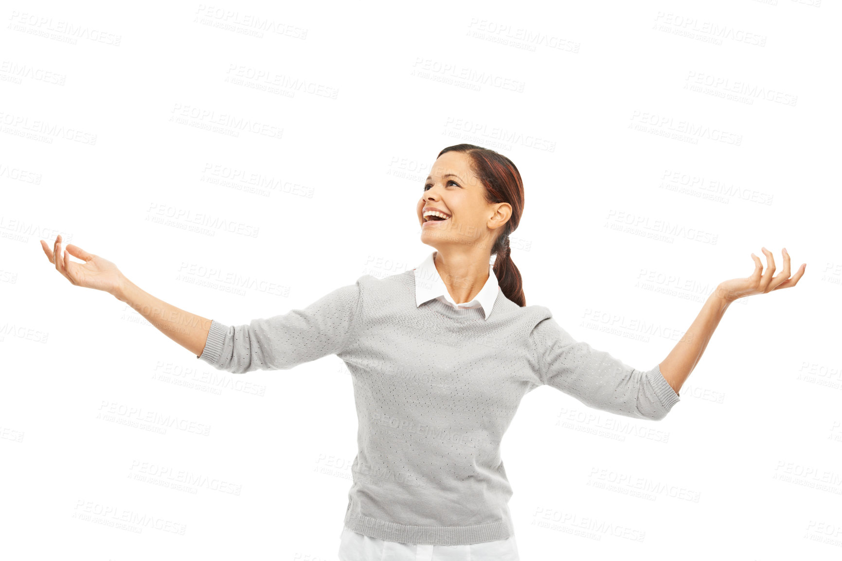 Buy stock photo Happy woman, dancing and freedom with hands out for celebration or music in studio on a white background. Young, female person or excited model with carefree attitude for winning, good news or relief