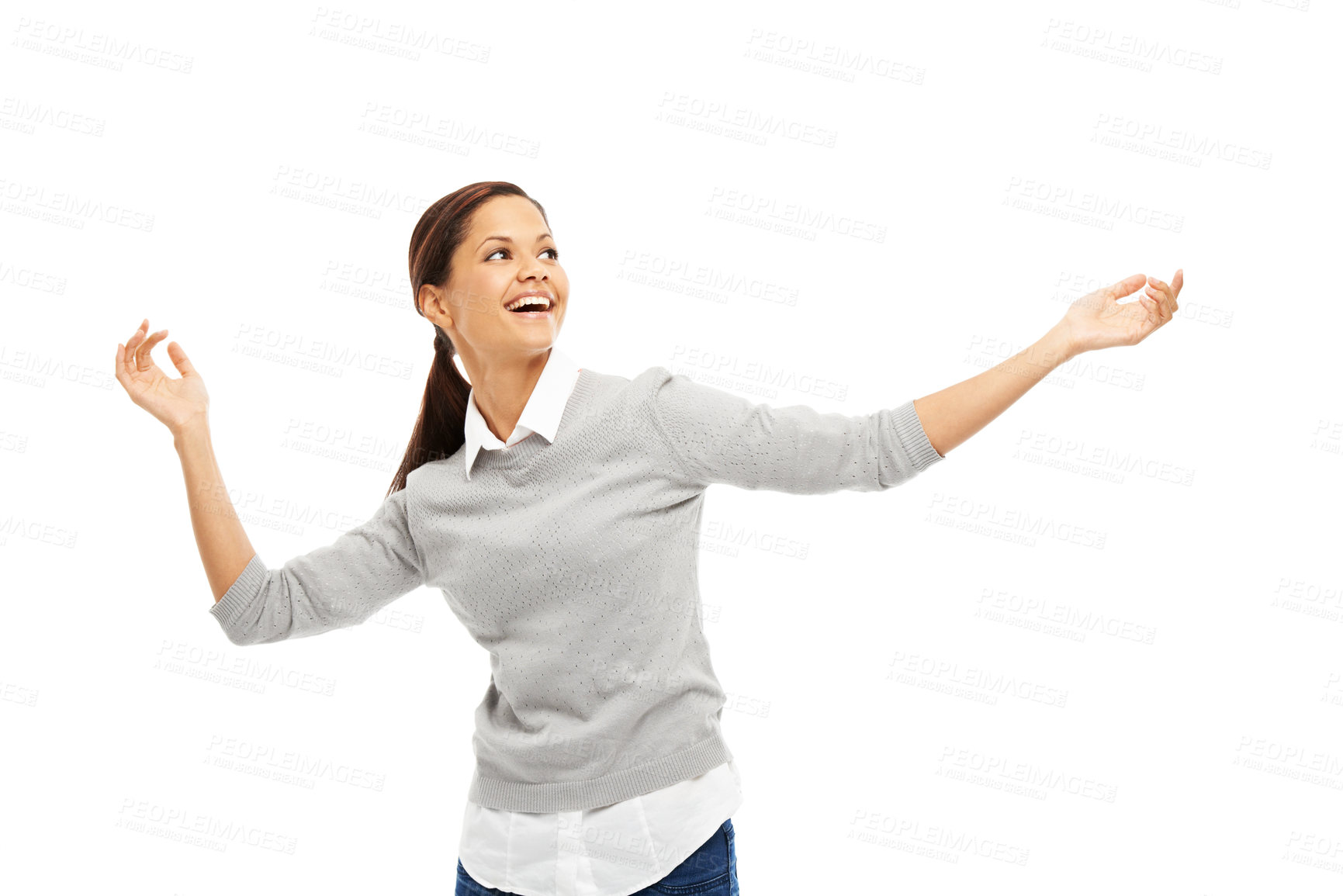 Buy stock photo Happy woman, dancing and music with hands out for celebration or freedom in studio on a white background. Young, female person or excited model with carefree attitude for winning, good news or relief