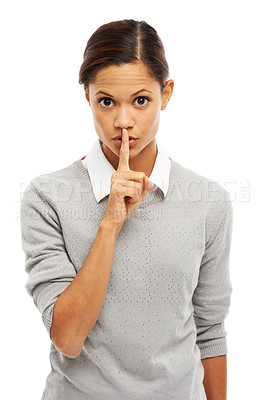 Buy stock photo Portrait, silence and woman with secret, studio and reporter of newsroom, mysterious or creative. White background, hush and journalist with gesture, quiet and finger of person for privacy or shut up