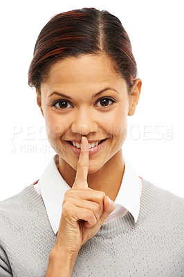 Buy stock photo Portrait, happy and woman with secret, studio and reporter of newsroom, mysterious and creative. White background, hush and journalist with gesture, smile and finger of person for privacy and shut up