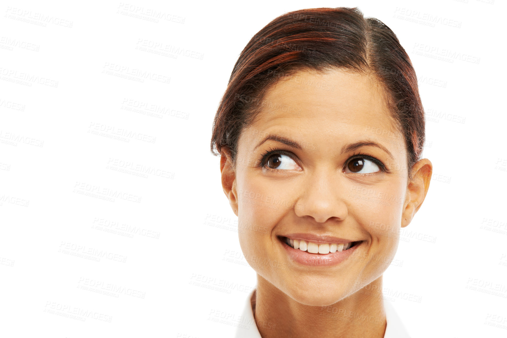 Buy stock photo Happy woman, face and thinking with idea or positive attitude for solution in studio on a white background. Young, female person or model with smile in wonder for decision or insight on mockup space