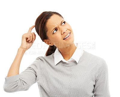 Buy stock photo Woman, doubt and thinking with question for clue, idea or brainstorming in studio on a white background. Young, female person or clueless model with uncertain expression or feeling for decision