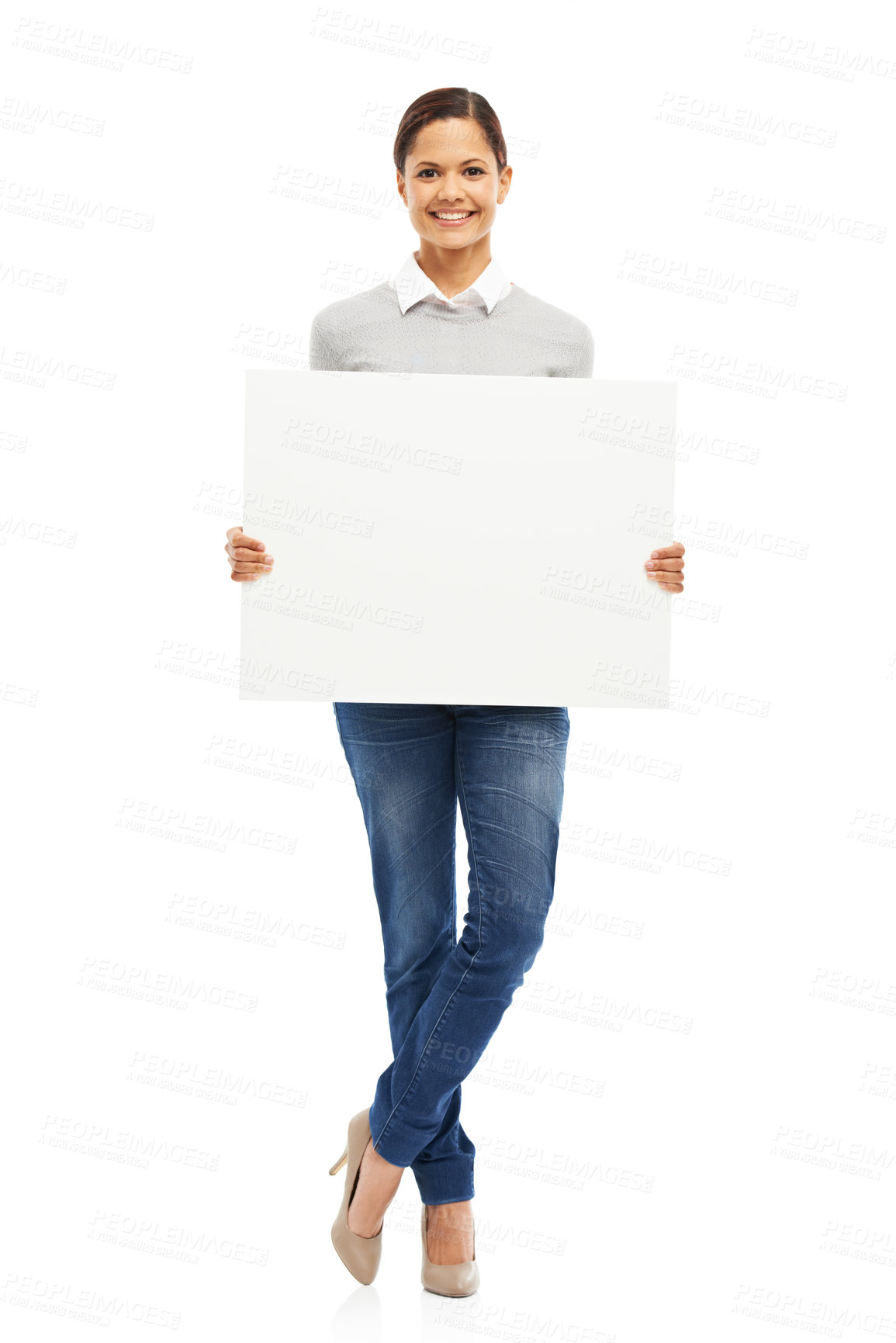 Buy stock photo Woman, employee and smile with sign board in studio on portrait with white background and mockup space. Female person, poster and presentation for marketing, promo and advertising with information