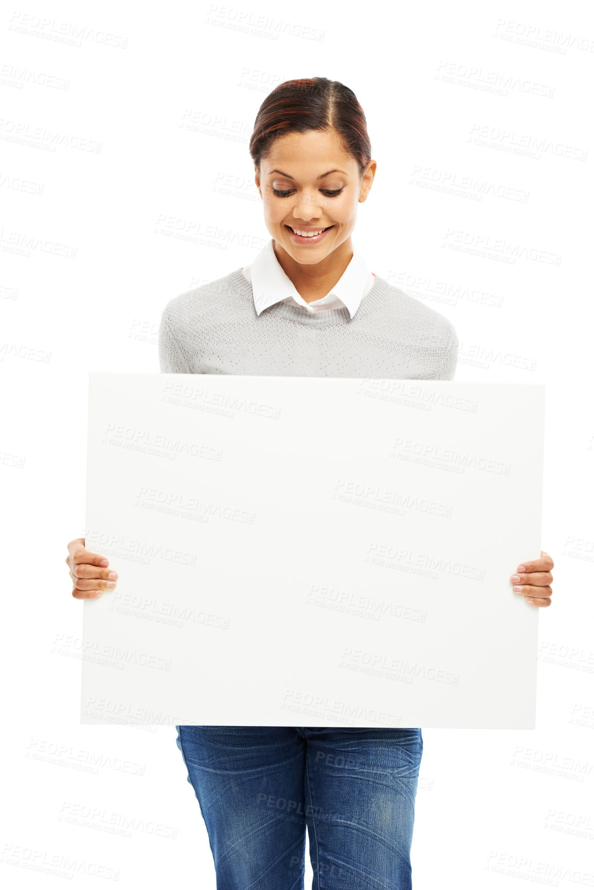 Buy stock photo Woman, employee and happy with poster in studio with white background and mockup space. Female person, sign board and smile with presentation for marketing, promo and advertising with information